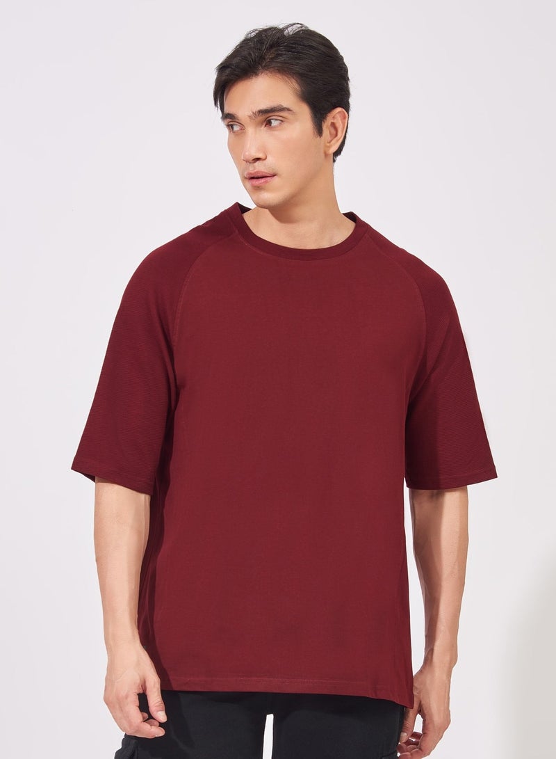 Maniac Mens Solid Round Neck Raglan Sleeve Burgundy Cotton Slim Fit T-Shirt - Image 1
