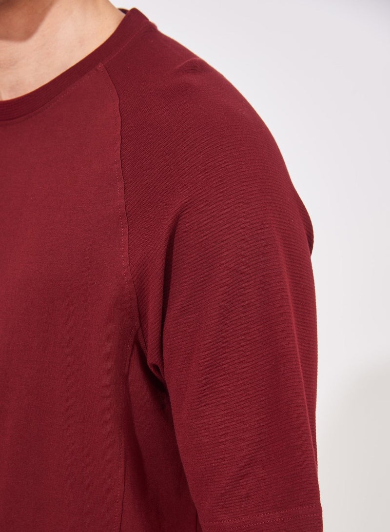 Maniac Mens Solid Round Neck Raglan Sleeve Burgundy Cotton Slim Fit T-Shirt - Image 4