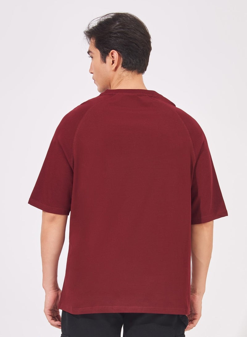 Maniac Mens Solid Round Neck Raglan Sleeve Burgundy Cotton Slim Fit T-Shirt - Image 3