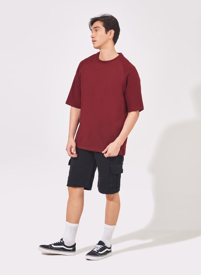 Maniac Mens Solid Round Neck Raglan Sleeve Burgundy Cotton Slim Fit T-Shirt - Image 5