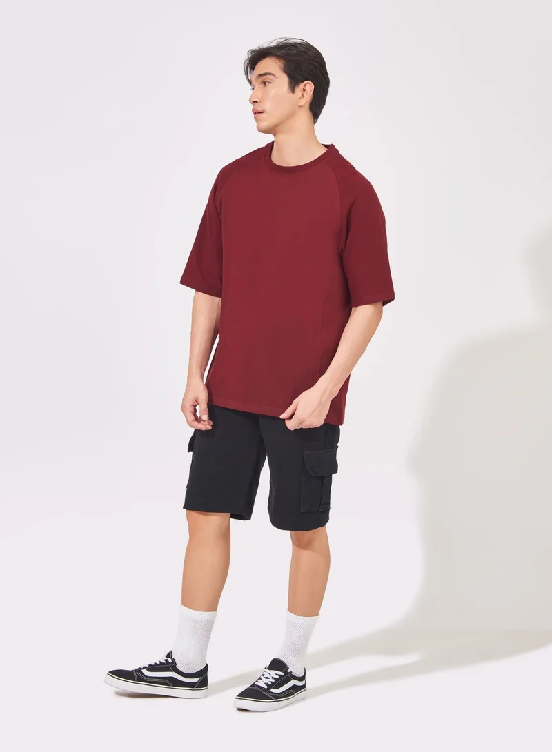 Maniac  Maniac Mens Solid Round Neck Raglan Sleeve Burgundy Cotton Slim Fit T-Shirt for Men | Best Price UAE