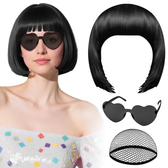 PLULON Hot Pink-Color Bob Wig with Heart Sunglasses Neon Colored Party Wig - Image 2