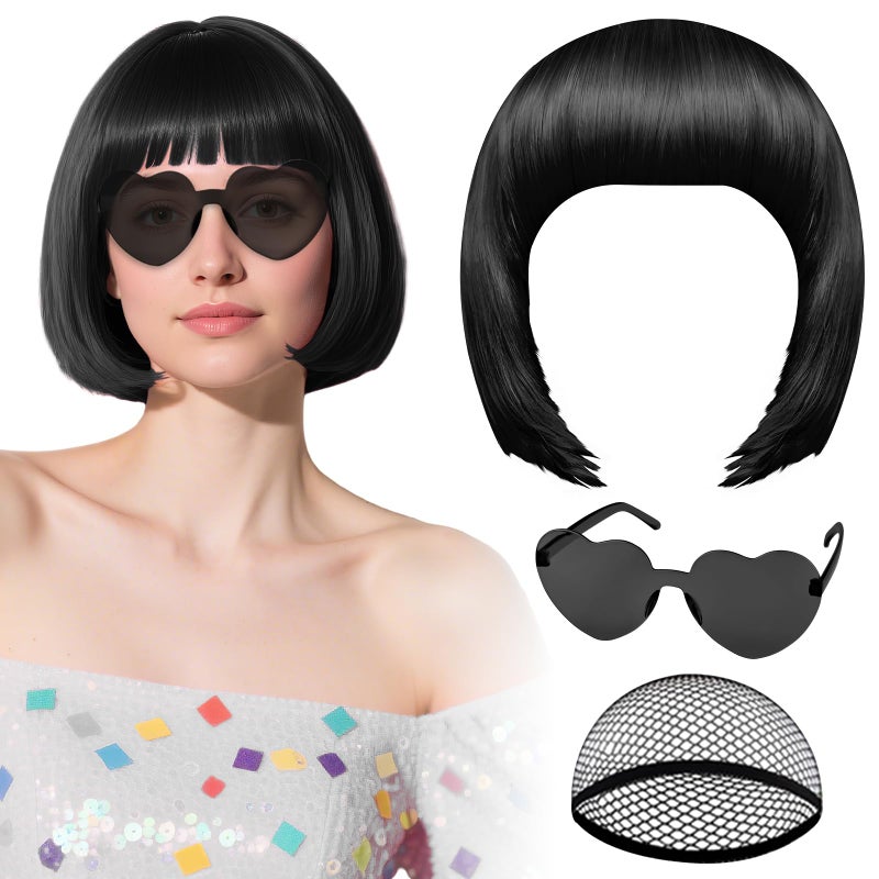 PLULON Hot Pink-Color Bob Wig with Heart Sunglasses Neon Colored Party Wig - Image 1