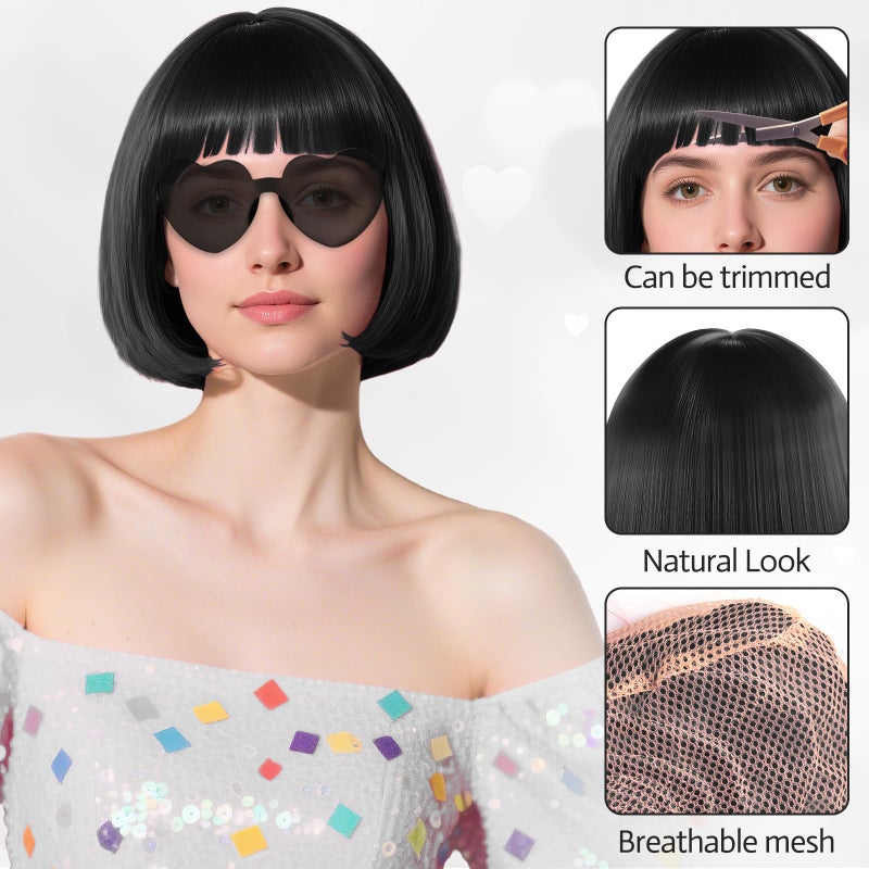 PLULON Hot Pink-Color Bob Wig with Heart Sunglasses Neon Colored Party Wig - Image 4