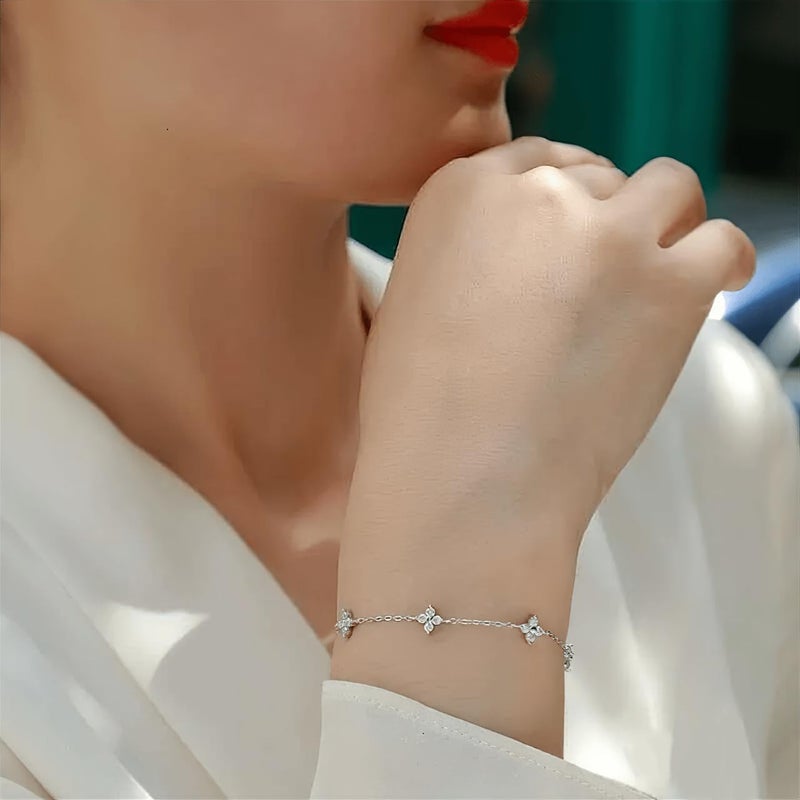 SHINYY Dainty Clover Choker Bracelet Set for Women | 18K Gold Plated Cubic Zirconia Necklace and Link Bracelet | Four Leaf Lucky Jewelry for Her (Silver) - Image 2