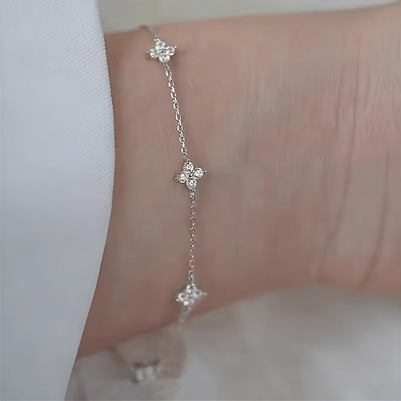 SHINYY Dainty Clover Choker Bracelet Set for Women | 18K Gold Plated Cubic Zirconia Necklace and Link Bracelet | Four Leaf Lucky Jewelry for Her (Silver) - Image 3