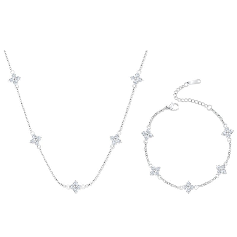 SHINYY Dainty Clover Choker Bracelet Set for Women | 18K Gold Plated Cubic Zirconia Necklace and Link Bracelet | Four Leaf Lucky Jewelry for Her (Silver) - Image 1