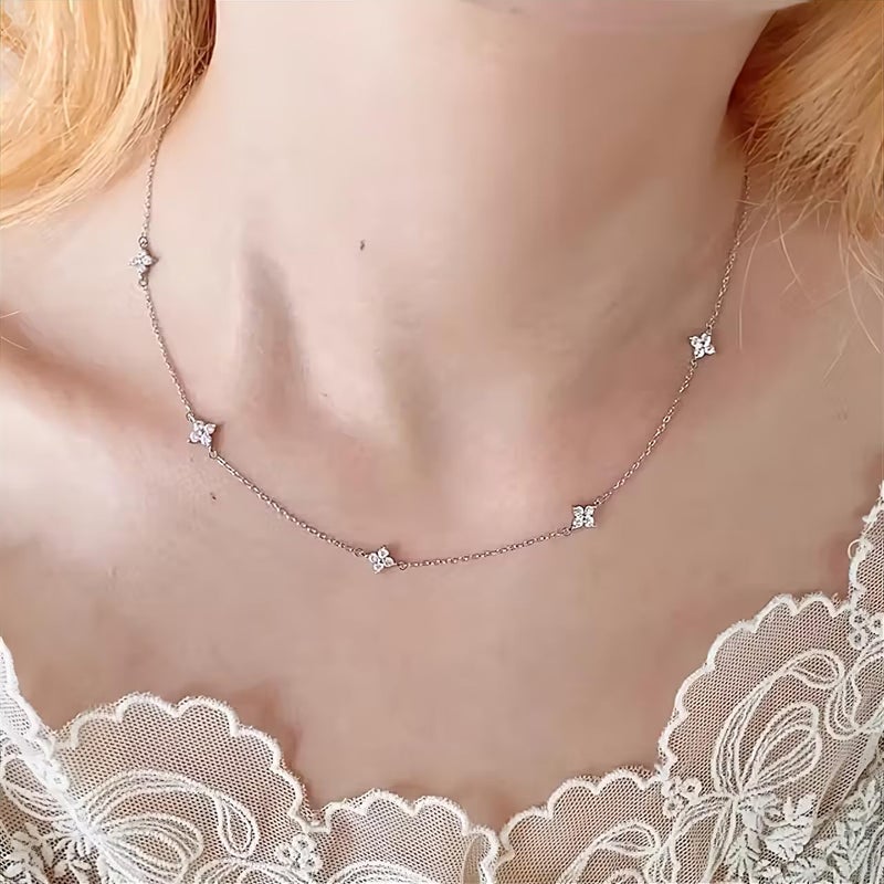 SHINYY Dainty Clover Choker Bracelet Set for Women | 18K Gold Plated Cubic Zirconia Necklace and Link Bracelet | Four Leaf Lucky Jewelry for Her (Silver) - Image 4