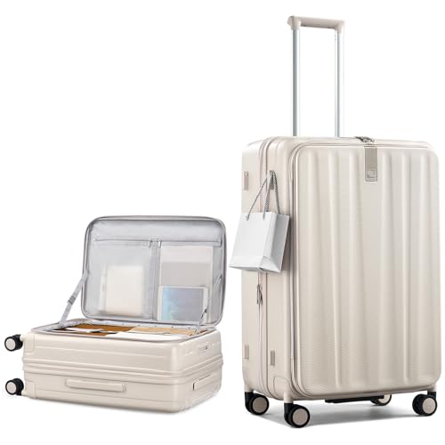 Hanke 26 Inch Expandable Luggage Top Opening Checked Bag Luggage Hard Shell Suitcases with Wheels Lightweight Travel Luggage Heavy Duty Luggage Suitcase with Lock for Woman Men-Ivory White - Image 1
