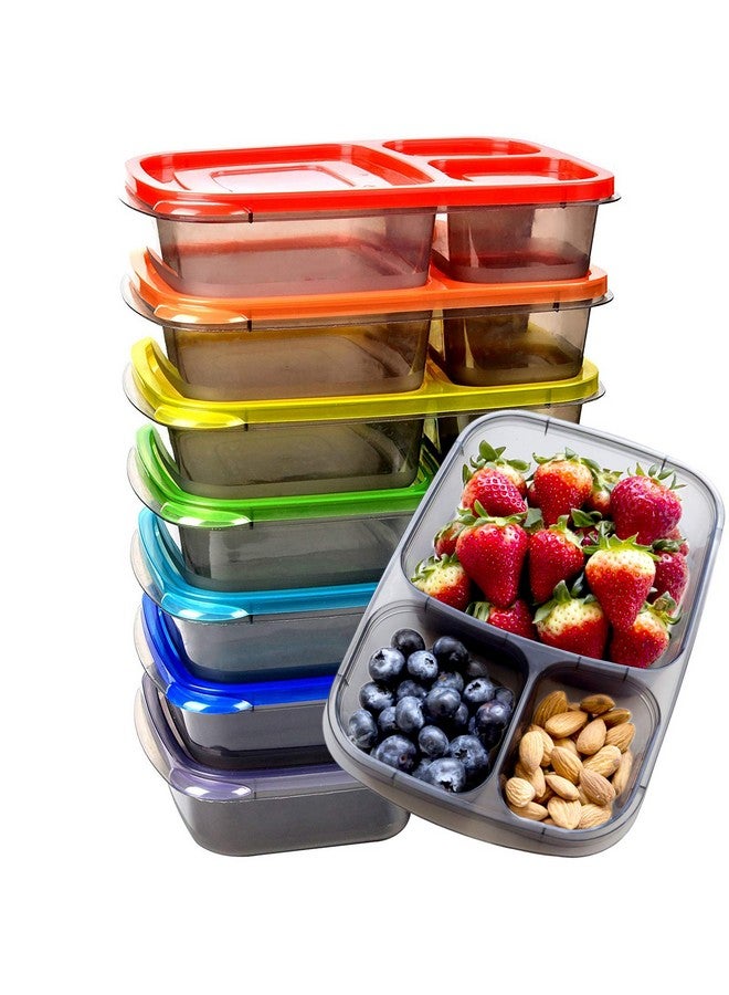 Youngever 7 Pack Bento Lunch Box, Meal Prep Containers, Reusable 3 Compartment Plastic Divided Food Storage Container Boxes - Image 1