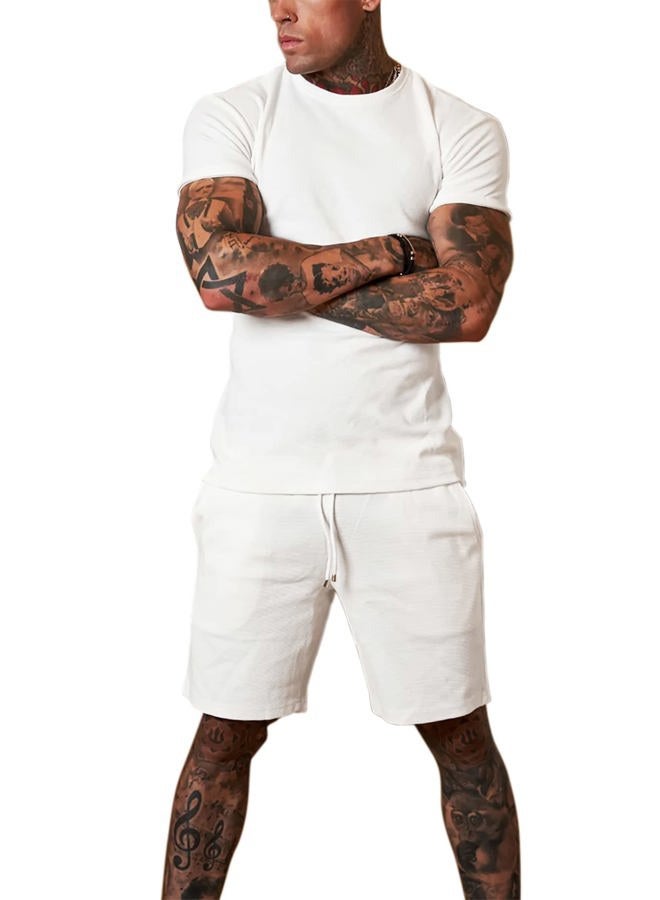 Redqenting Mens 8" Casual Sweat Shorts with Pockets,Drawstring Athletic Shorts Waffle Lounge Summer Shorts (Size28~40) White  - Image 3