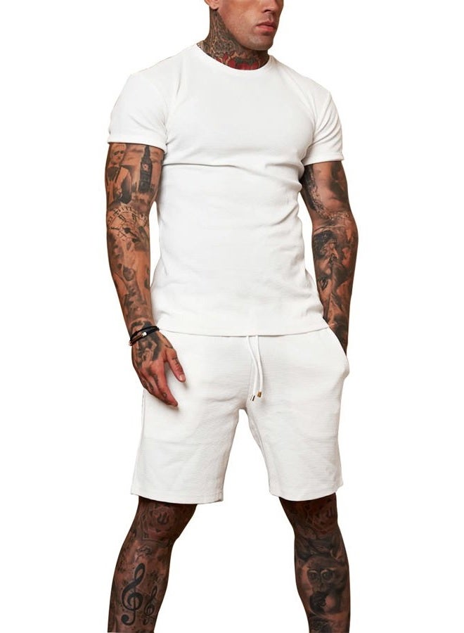 Redqenting Mens 8" Casual Sweat Shorts with Pockets,Drawstring Athletic Shorts Waffle Lounge Summer Shorts (Size28~40) White  - Image 4
