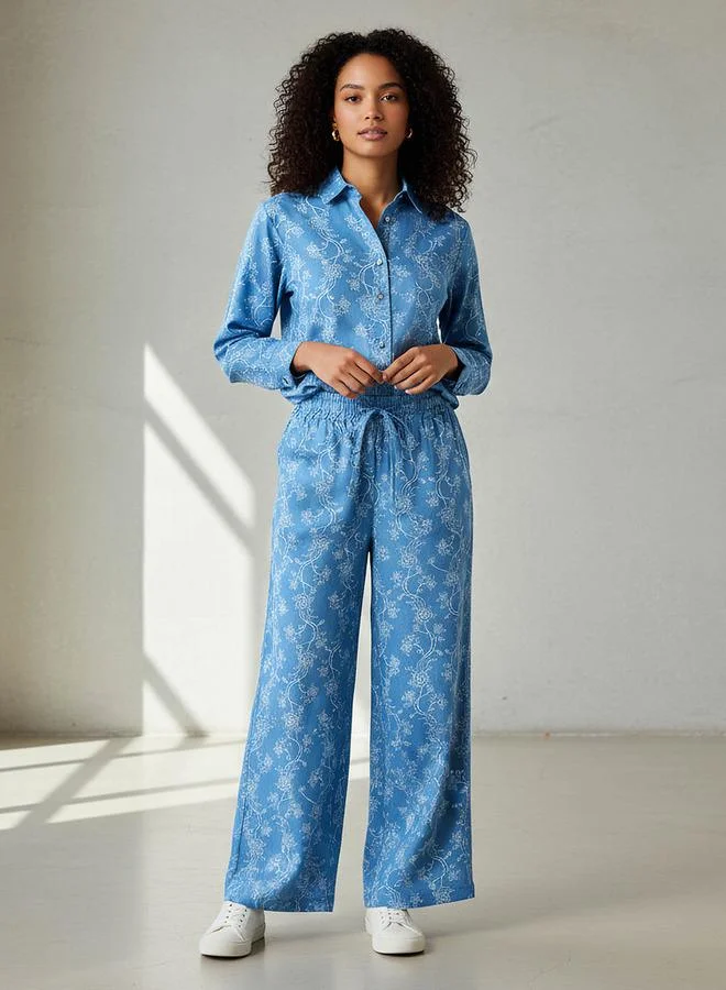Denim Coord Set with Shirt & Wide Leg Pants
