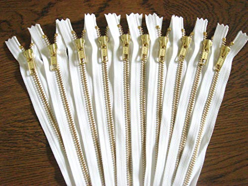 Craftbot Golden Brass Zippers No. 5 Metal 10 inch Zips in White Pack of 12 - Image 2
