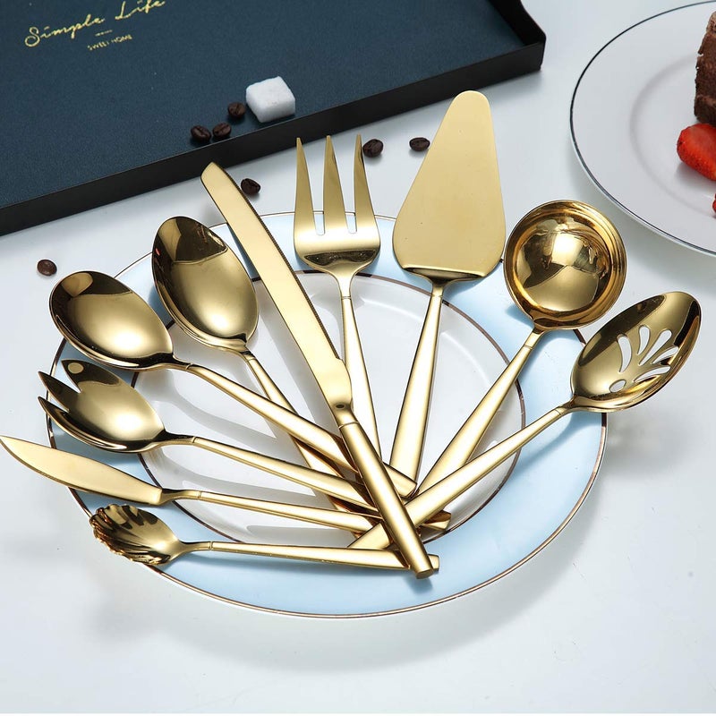 Berglander Gold Serving Utensils 10 Pieces, Titanium Golden Plating Serving Spoons, Included Cake Knife Cake Server Serving Forks Sugar Spoon Salad Spoon Forks Butter Knife Gravy Ladle ect. - Image 2