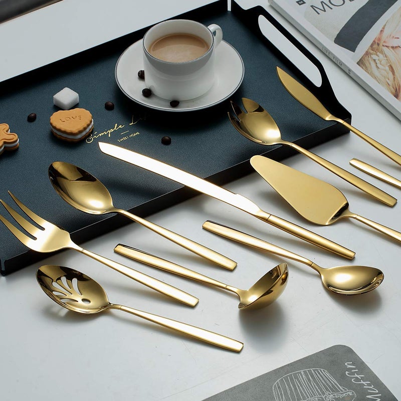 Berglander Gold Serving Utensils 10 Pieces, Titanium Golden Plating Serving Spoons, Included Cake Knife Cake Server Serving Forks Sugar Spoon Salad Spoon Forks Butter Knife Gravy Ladle ect. - Image 4