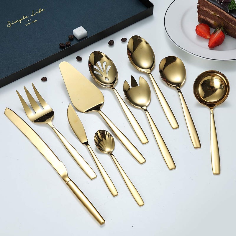 Berglander Gold Serving Utensils 10 Pieces, Titanium Golden Plating Serving Spoons, Included Cake Knife Cake Server Serving Forks Sugar Spoon Salad Spoon Forks Butter Knife Gravy Ladle ect. - Image 3