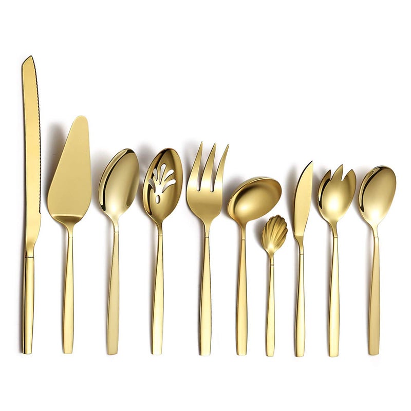 Berglander Gold Serving Utensils 10 Pieces, Titanium Golden Plating Serving Spoons, Included Cake Knife Cake Server Serving Forks Sugar Spoon Salad Spoon Forks Butter Knife Gravy Ladle ect. - Image 1