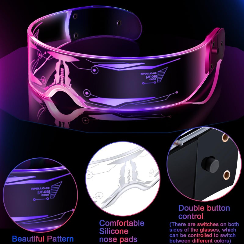 TOODOO 2 Pairs LED Visor Glasses 7 Colors Futuristic Glasses Light up Punk Accessories for Rave Party Costume(Stylish Style) - Image 3