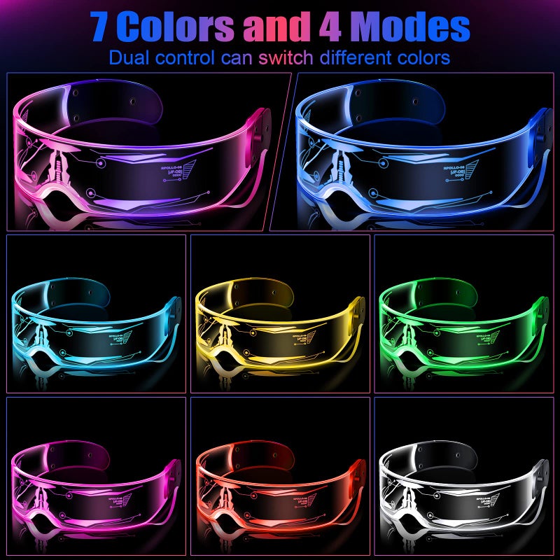 TOODOO 2 Pairs LED Visor Glasses 7 Colors Futuristic Glasses Light up Punk Accessories for Rave Party Costume(Stylish Style) - Image 4