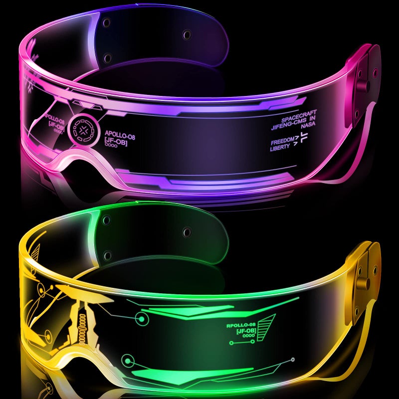 TOODOO 2 Pairs LED Visor Glasses 7 Colors Futuristic Glasses Light up Punk Accessories for Rave Party Costume(Stylish Style) - Image 1