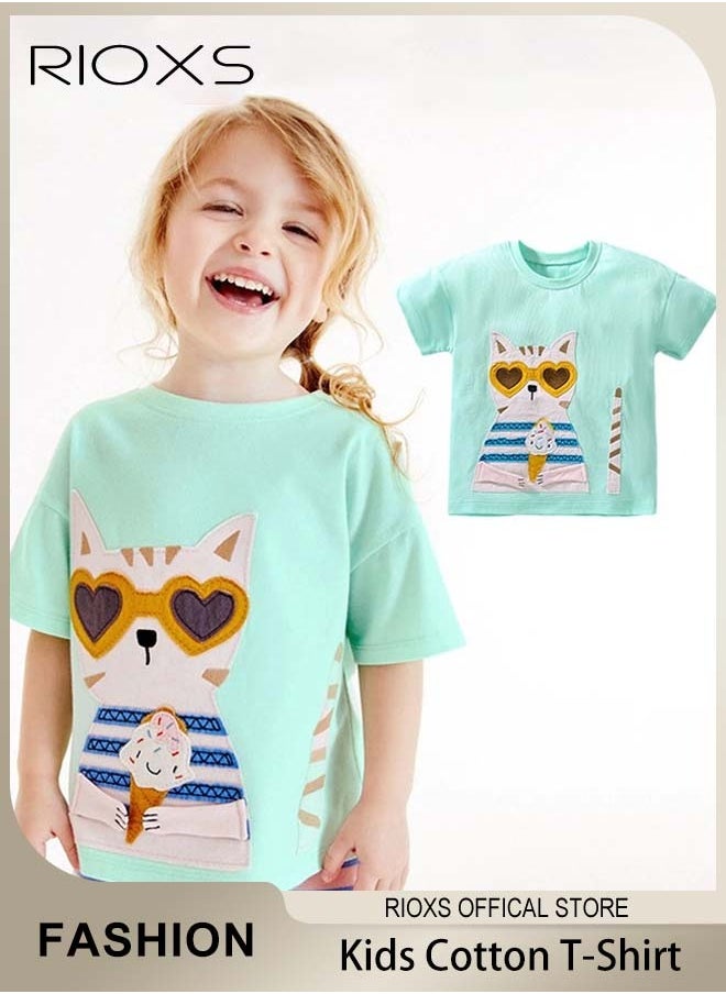 RIOXS - Toddler Girls Fashionable Comfortable Tops with Cat Pattern, Breathable Soft 100% Cotton T-Shirt, Classic Graphic Short Sleeve Tees, Perfect for Daily Wearing, School and other Outdoor Activities - Image 1