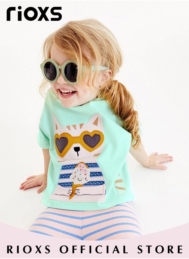 RIOXS - Toddler Girls Fashionable Comfortable Tops with Cat Pattern, Breathable Soft 100% Cotton T-Shirt, Classic Graphic Short Sleeve Tees, Perfect for Daily Wearing, School and other Outdoor Activities - Image 1