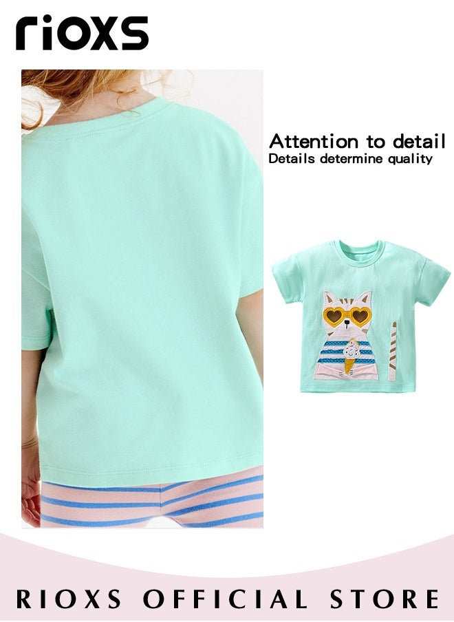 RIOXS - Toddler Girls Fashionable Comfortable Tops with Cat Pattern, Breathable Soft 100% Cotton T-Shirt, Classic Graphic Short Sleeve Tees, Perfect for Daily Wearing, School and other Outdoor Activities - Image 1