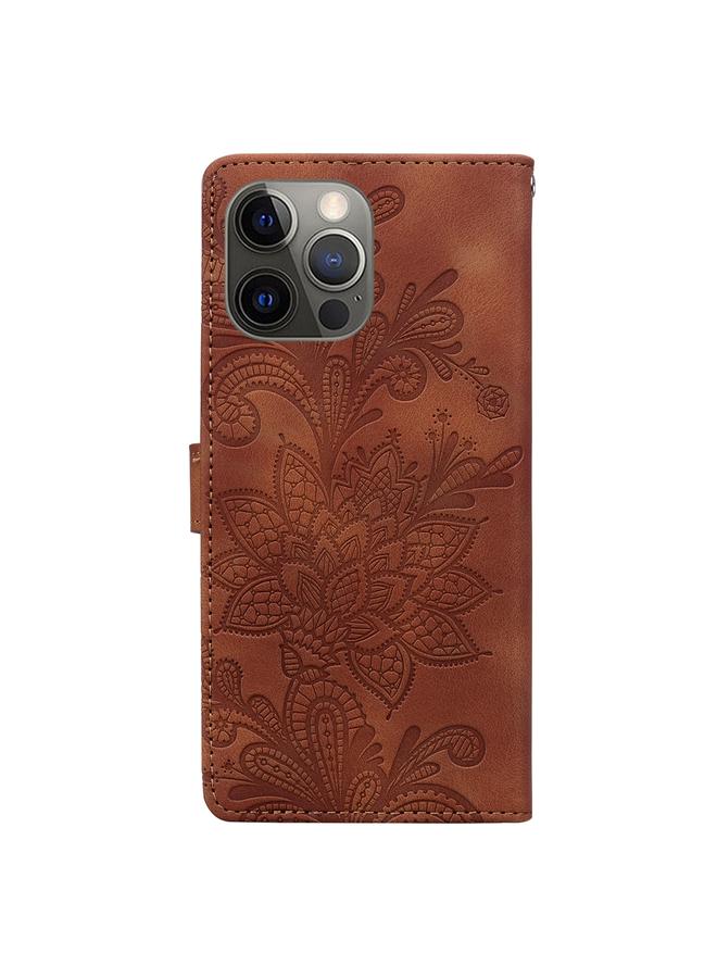 The Bros Phone Case For iPhone 12 Pro Lace Floral Embossed Magnetic Buckle PU Phone Phone Case With Wrist Strap - Image 3