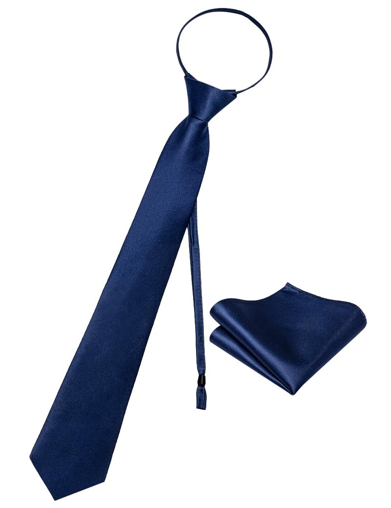 YourTies 3.15'' Zipper Ties Navy Blue Pretied Tie and Pocket Square Set Adjustable Satin Solid Mens Necktie for Business Formal Wedding - Image 1
