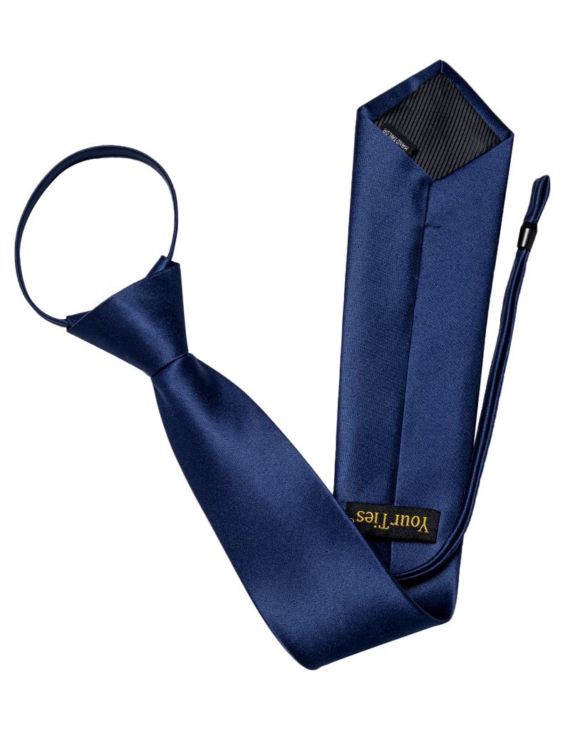 YourTies 3.15'' Zipper Ties Navy Blue Pretied Tie and Pocket Square Set Adjustable Satin Solid Mens Necktie for Business Formal Wedding - Image 2