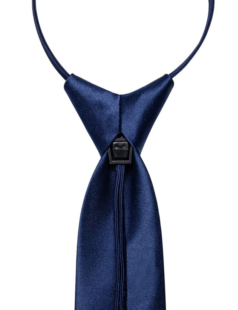 YourTies 3.15'' Zipper Ties Navy Blue Pretied Tie and Pocket Square Set Adjustable Satin Solid Mens Necktie for Business Formal Wedding - Image 4
