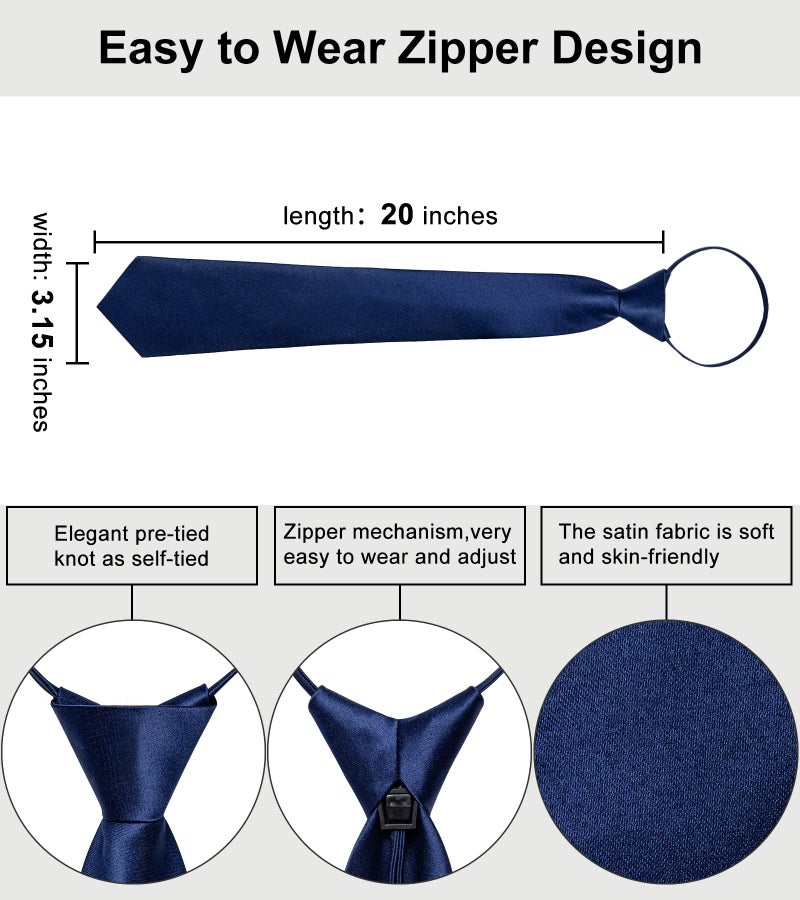 YourTies 3.15'' Zipper Ties Navy Blue Pretied Tie and Pocket Square Set Adjustable Satin Solid Mens Necktie for Business Formal Wedding - Image 3