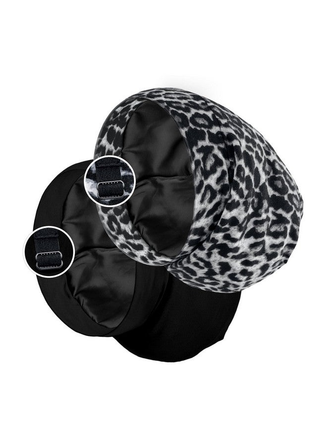 PARISBELLA Satin Lined Sleep Cap Bonnet For Curly Hair And Braids Stay On All Night Hair Wrap With Adjustable Strap For Women And Men Black And Black Leopard Pack Of 2 - Image 1