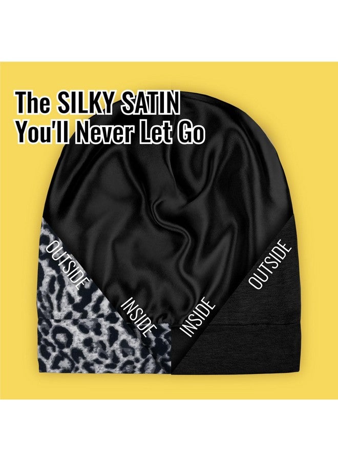 PARISBELLA Satin Lined Sleep Cap Bonnet For Curly Hair And Braids Stay On All Night Hair Wrap With Adjustable Strap For Women And Men Black And Black Leopard Pack Of 2 - Image 2