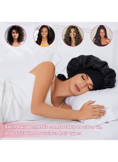 LEADUWAY Large Silk Hair Bonnet For Sleeping Women Double Layer Satin Bonnet With Elastic Band Black Sleep Cap For Curly Hair  - Image 5