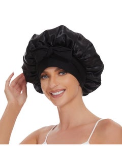 LEADUWAY Large Silk Hair Bonnet For Sleeping Women Double Layer Satin Bonnet With Elastic Band Black Sleep Cap For Curly Hair  - Image 1