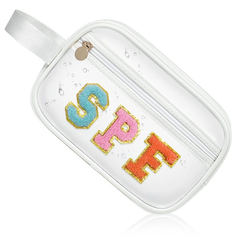 COSHAYSOO Clear Sunscreen Bag SPF Beach Vacation Essentials Waterproof Summer Pool Must Have Accessories for Women Teen Girls, Family Beach Day Organizer Toiletry Pouch Travel Gifts Preppy Letter - Image 1