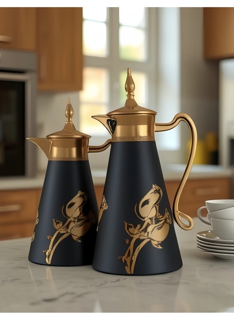 بيوتيفول إبريق قهوة حراري معزول على الطراز العربي، إبريق حراري مزدوج الجدار مع غطاء، وعاء شاي، قارورة، موزع شاي، ماء، قهوة سعة 1 لتر + 0.7 لتر (أسود + ذهبي) - Image 2