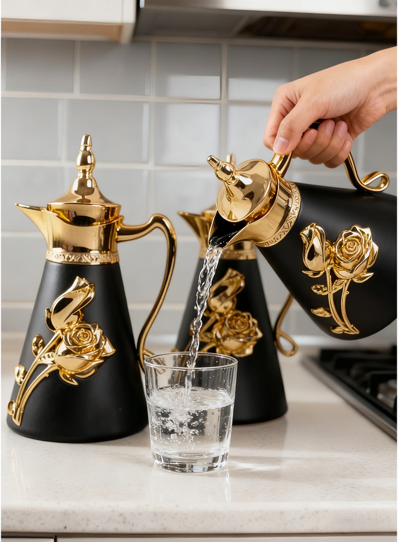 بيوتيفول إبريق قهوة حراري معزول على الطراز العربي، إبريق حراري مزدوج الجدار مع غطاء، وعاء شاي، قارورة، موزع شاي، ماء، قهوة سعة 1 لتر + 0.7 لتر (أسود + ذهبي) - Image 5