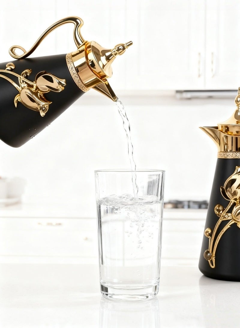 بيوتيفول إبريق قهوة حراري معزول على الطراز العربي، إبريق حراري مزدوج الجدار مع غطاء، وعاء شاي، قارورة، موزع شاي، ماء، قهوة سعة 1 لتر + 0.7 لتر (أسود + ذهبي) - Image 4