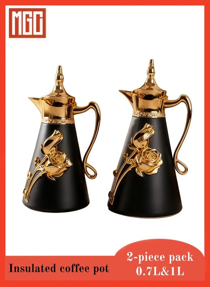 بيوتيفول إبريق قهوة حراري معزول على الطراز العربي، إبريق حراري مزدوج الجدار مع غطاء، وعاء شاي، قارورة، موزع شاي، ماء، قهوة سعة 1 لتر + 0.7 لتر (أسود + ذهبي) - Image 1