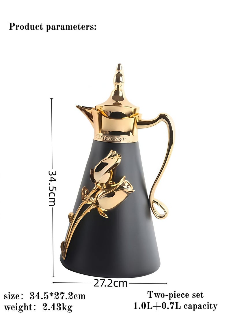 بيوتيفول إبريق قهوة حراري معزول على الطراز العربي، إبريق حراري مزدوج الجدار مع غطاء، وعاء شاي، قارورة، موزع شاي، ماء، قهوة سعة 1 لتر + 0.7 لتر (أسود + ذهبي) - Image 2
