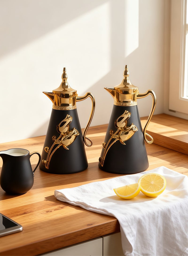 بيوتيفول إبريق قهوة حراري معزول على الطراز العربي، إبريق حراري مزدوج الجدار مع غطاء، وعاء شاي، قارورة، موزع شاي، ماء، قهوة سعة 1 لتر + 0.7 لتر (أسود + ذهبي) - Image 3