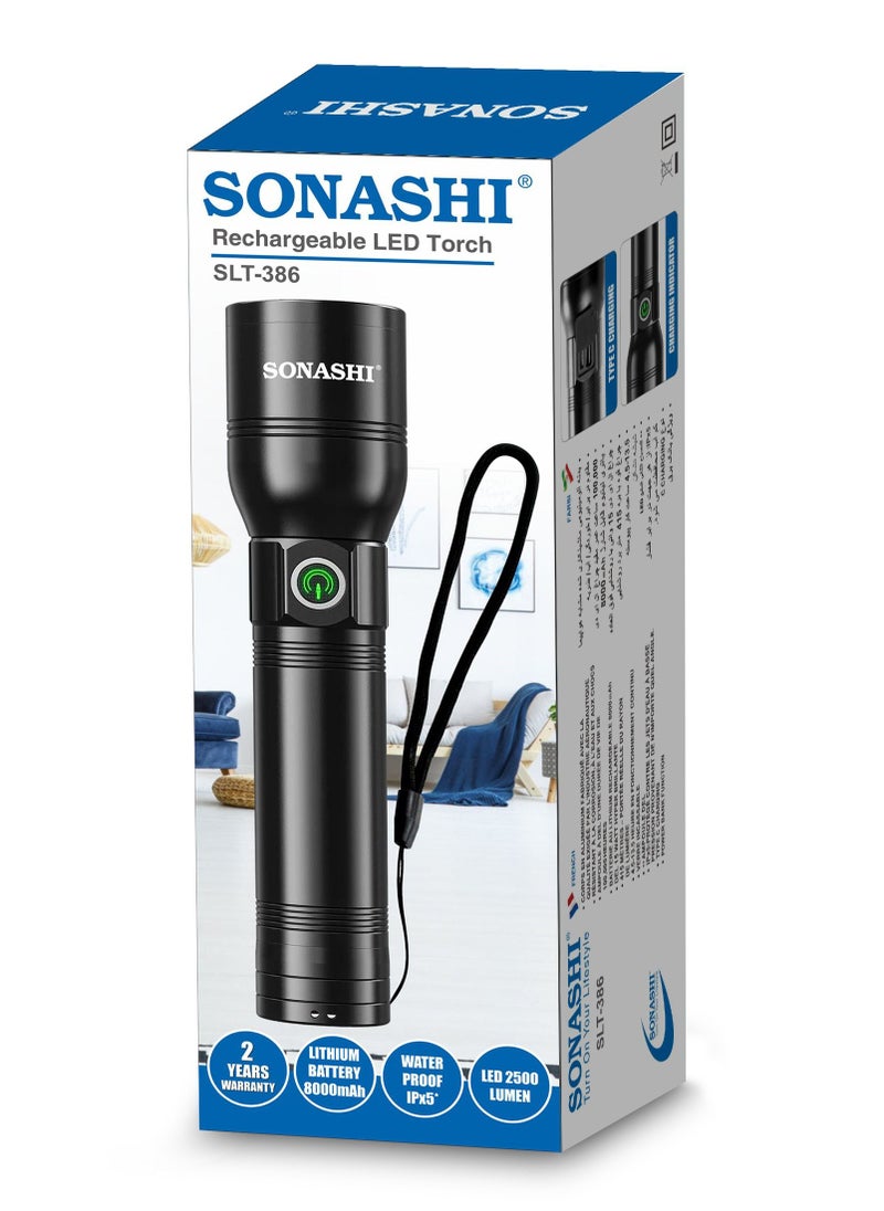 Rechargeable LED Torch with 8000mAh Battery  Hyper Bright LED Light with 2KM Long Range Coverage  Type CPower Bank Charging Function with 135 Hours of Continuous Working  Flash Light SLT-386
