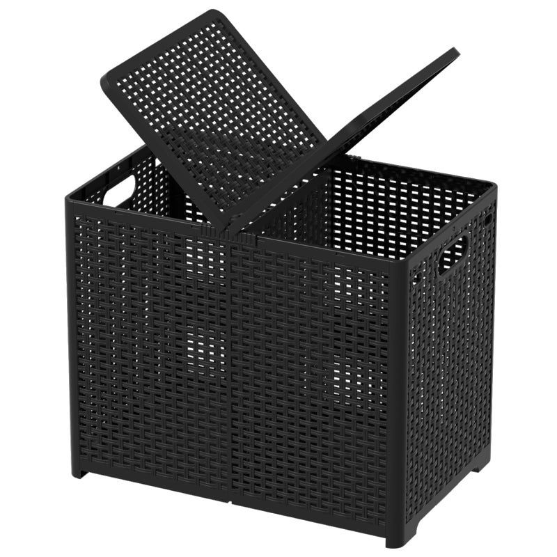 Asking 80L Collapsible 2 Section Divided Clothe Hamper, Plastic Folding Laundry Basket, Black, F - Image 1