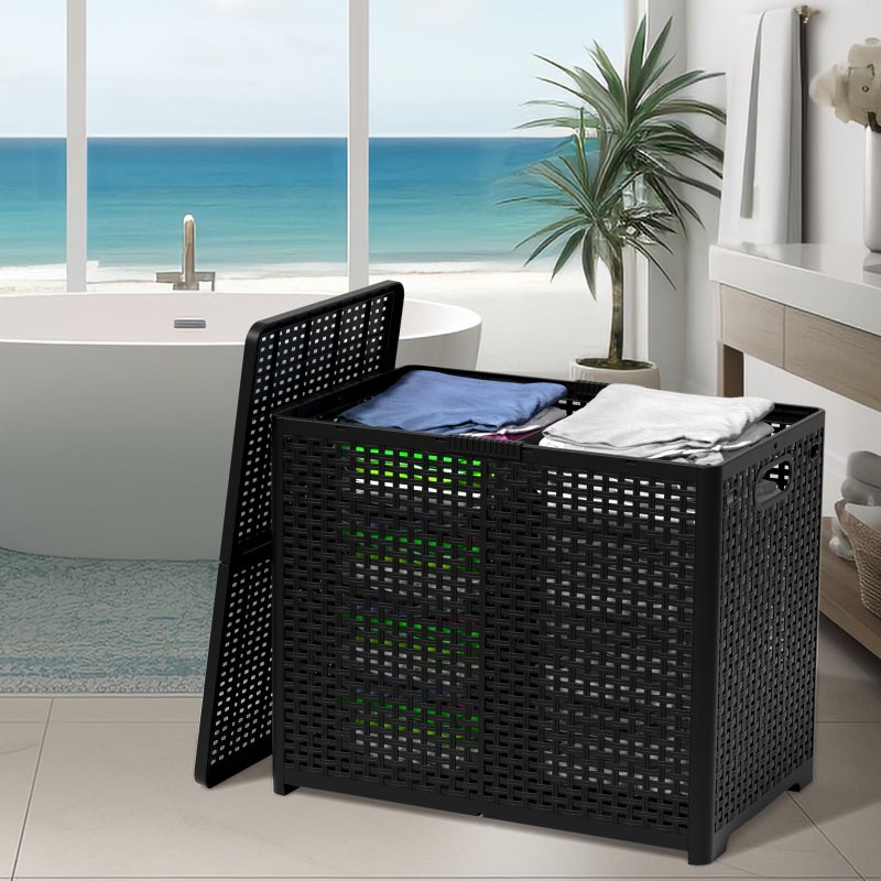 Asking 80L Collapsible 2 Section Divided Clothe Hamper, Plastic Folding Laundry Basket, Black, F - Image 5