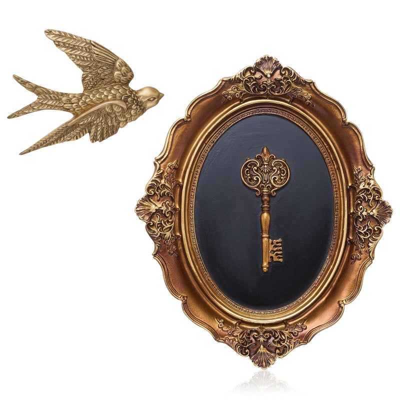 Kathfly 2 Pcs Vintage Wall Decor Sculpture, Antique Key Oval Frame & Bird Wall Art for Hallway Decor, Hand Painted Ornate Hanging Gift for Aesthetic Room Bedroom, Hallway Decoration - Image 1