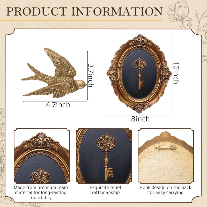 Kathfly 2 Pcs Vintage Wall Decor Sculpture, Antique Key Oval Frame & Bird Wall Art for Hallway Decor, Hand Painted Ornate Hanging Gift for Aesthetic Room Bedroom, Hallway Decoration - Image 2