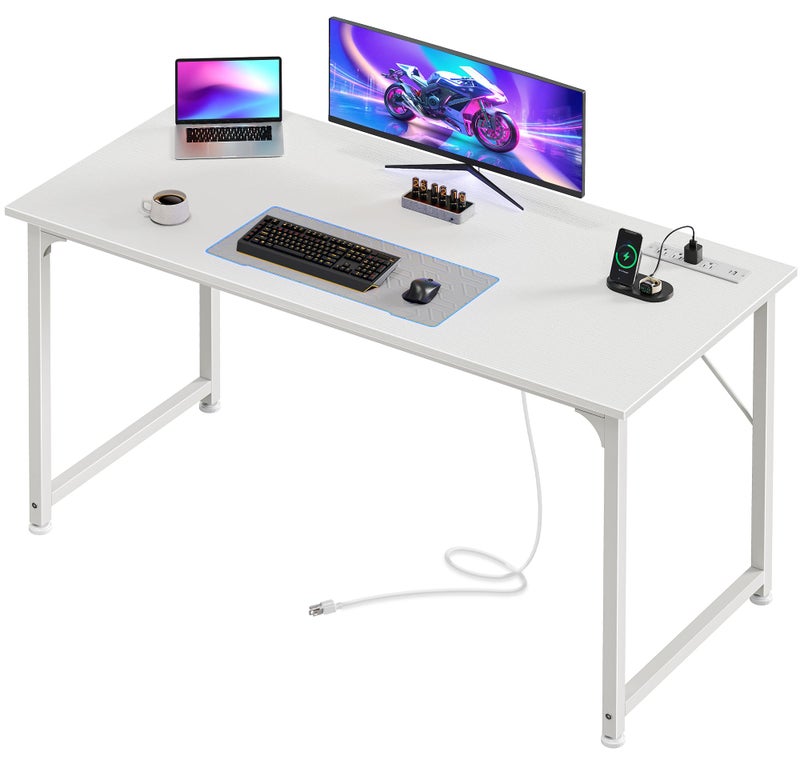 PRAISUN 47 X 20 Inch Office Computer Desk with Power Outlets and USB-C Port, Larger Gaming Desk, for Home Office, Study, Bedroom, Writing Work from Home Table, Metal Frame, White - Image 1